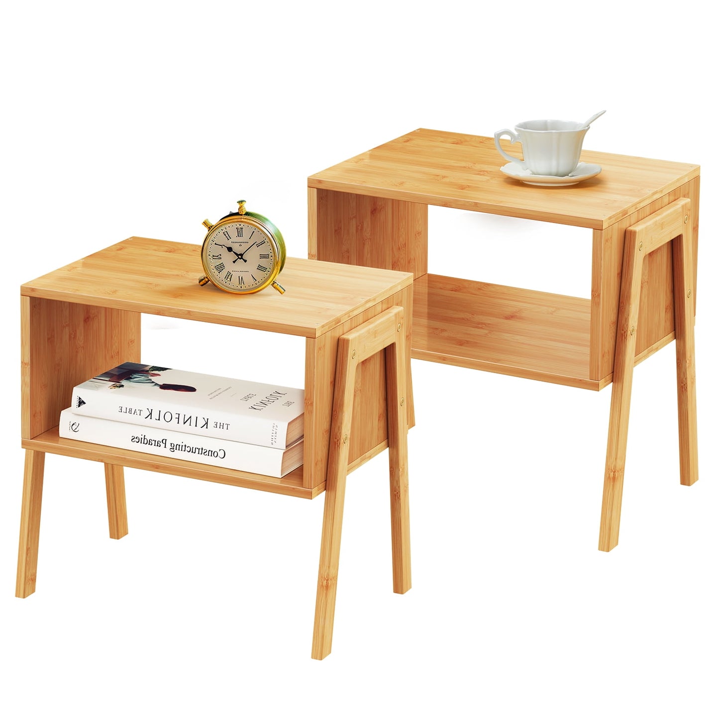 2-Pack Square Bamboo Stackable End Tables Bedside Table Nightstand with Storage Shelf for Bedroom Livingroom