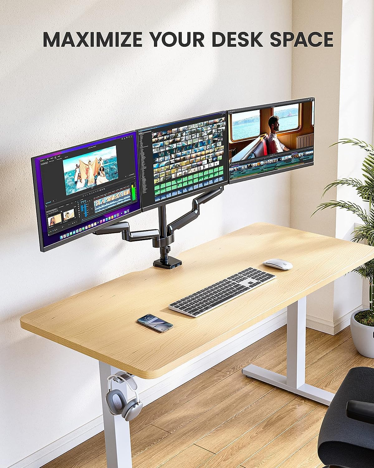 Triple Monitor Desk Mount Stand, Adjustable Gas Spring Arm Mount for 13 to 27 inch Computer Screens, Heavy-Duty VESA Compatible Triple Monitor Stand with USB, Each Arm Supports up to 17.6 lbs