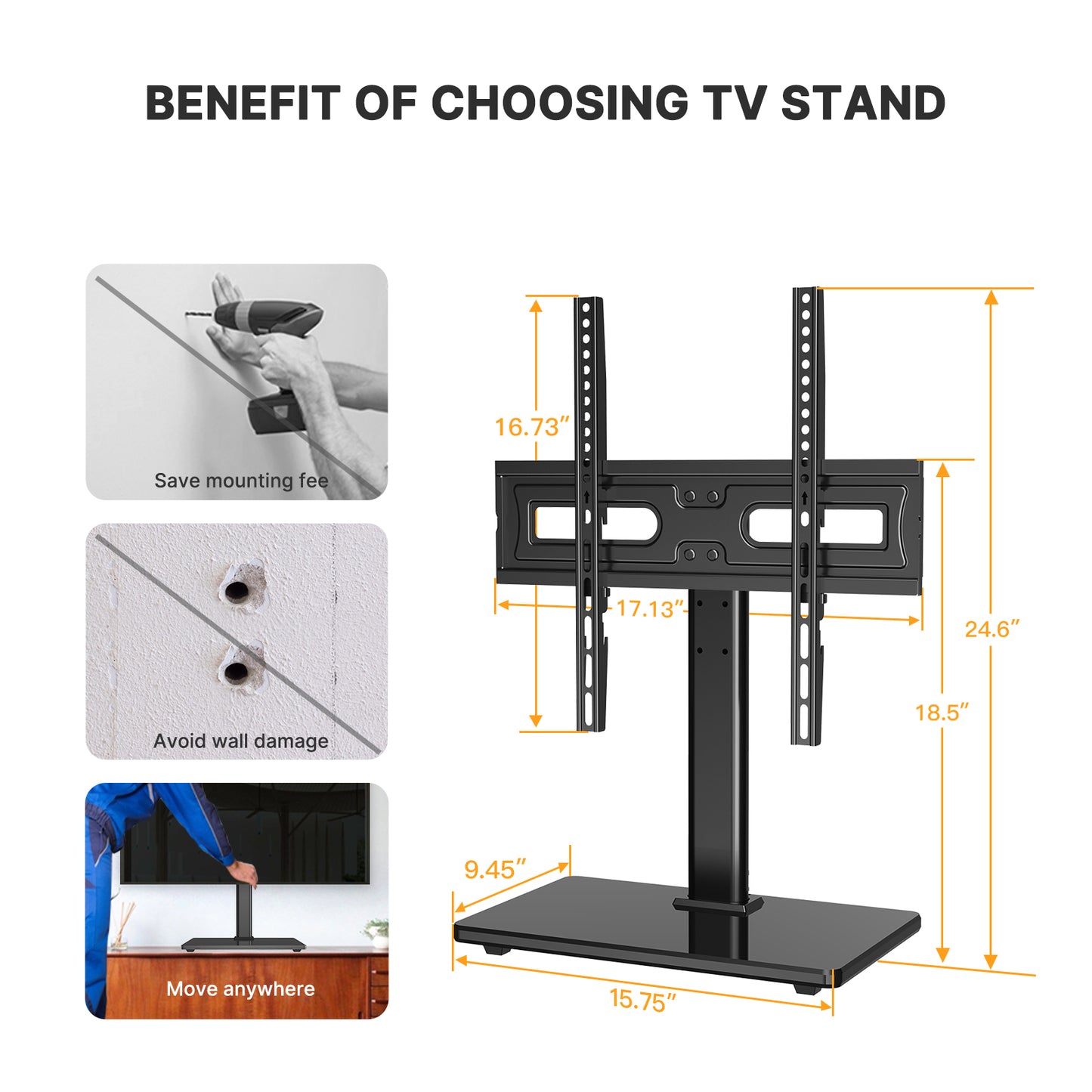 MountFTV Modern Black Universal Table Top Swivel TV Stand TV Mount Glass Base for 32-65 inch LCD LED TVs, up to 35° Swivel, Alloy Steel