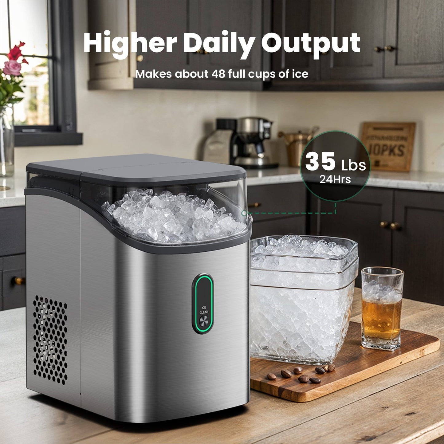 Philergo Nugget Ice Maker Countertop, Pebble Ice Maker with Soft Chewable Ice, 35 lbs/24 Hrs for Home, Kitchen, RV, Camping, Silver