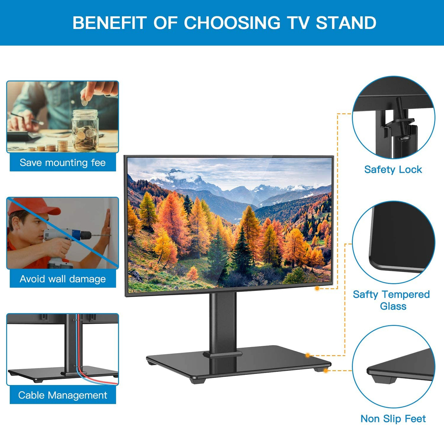 Universal TV Stand Table Top TV Base for 32 to 60 inch LCD LED OLED 4K Flat Screen TVs, Height Adjustable TV Stand Mount with Tempered Glass Base, Max 400x400mm,Holds up to 88lbs
