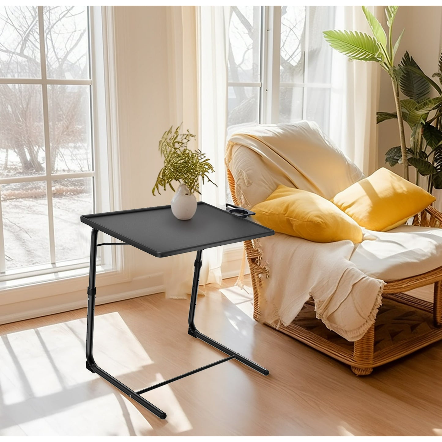 TV Tray Table, Folding Tray Table for Eating with 6 Adjustable Height & 3 Tilt Angle & Cup Holder for Bed & Couch