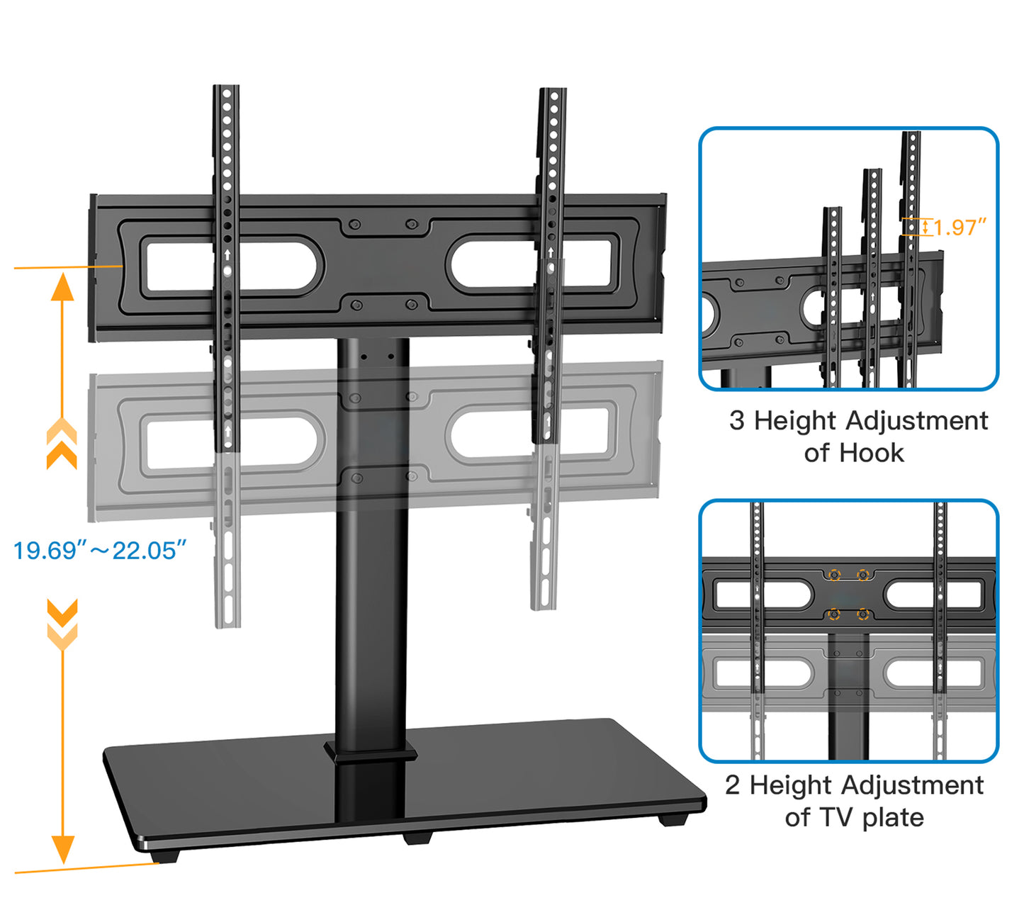 Universal Swivel Table Top TV Stand Mount Height Adjustable with Tempered Glass Base for 37-75 Inch TVs, Hold up to 99lbs, Max 600x400mm