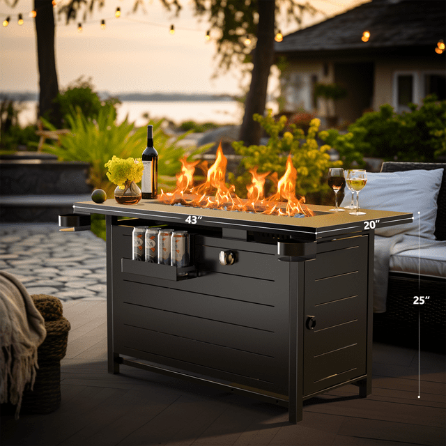 43" Propane Fire Pits for Outside 60,000 BTU Gas Fire Pit Table for Outside with Lid , Glass Beads, Cup Holders, Hanging Shelf & Nylon Cover, Rectangle