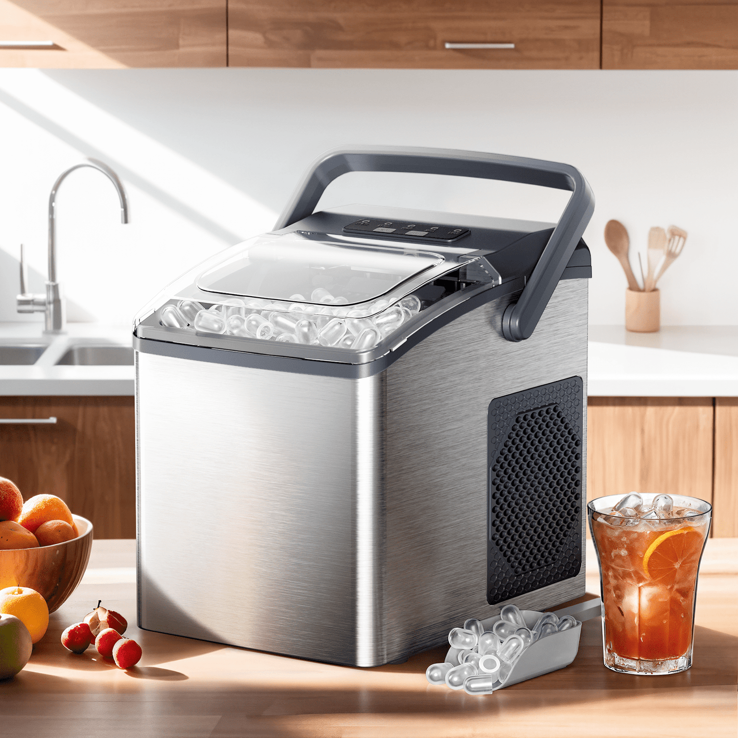 Ice Makers Countertop,Ice Maker Machine 6 Mins 9 Bullet Ice, 26 Lbs/24 Hrs, Nugget Ice Maker with Self Cleaning Function, Ice Maker for Home Kitchen Party, Silver