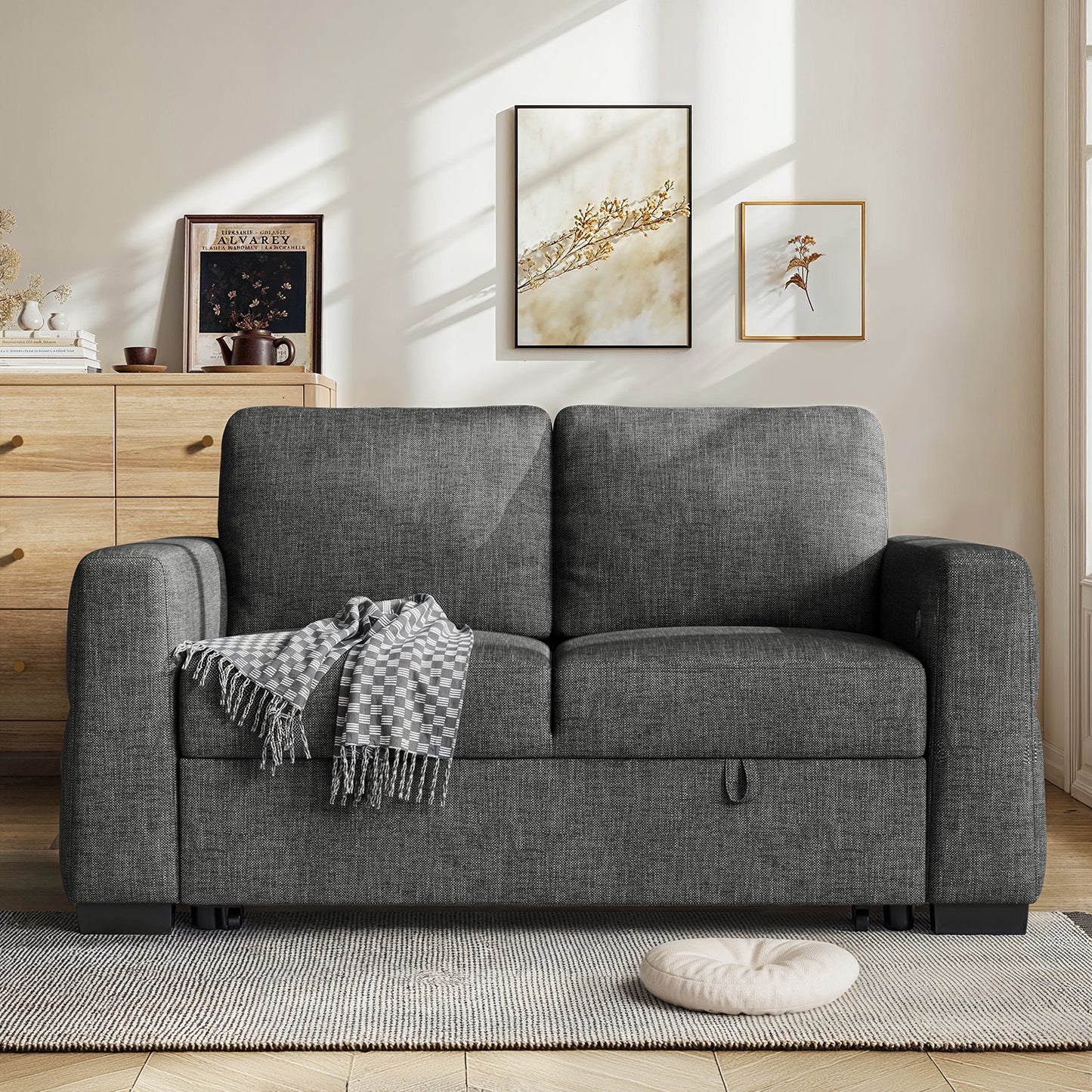 CHITOOMA 60'' Linen Pull Out Sofa Bed Convertible Sleeper Couch with Charging Port, Upholstered Sectional Sofa with 2 Pillows, Reclining Sofas for Living Room, Gray