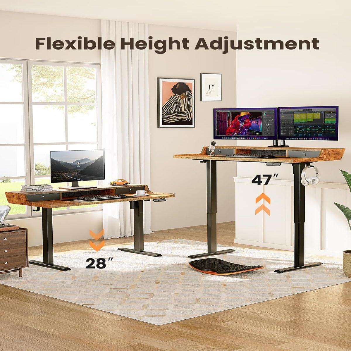 Electric Standing Desk with Drawers, 48″ x 24″ Gaming Desk with Monitor Stand,Brown