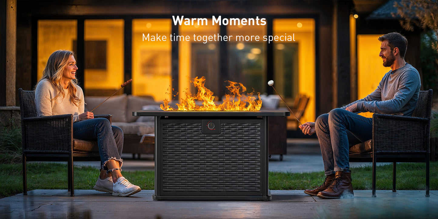 43" Rectangular Propane Gas Fire Pit Table with Glass Rocks for Patio & Garden, Black Outdoor Fireplace with Lid & Lava Rocks