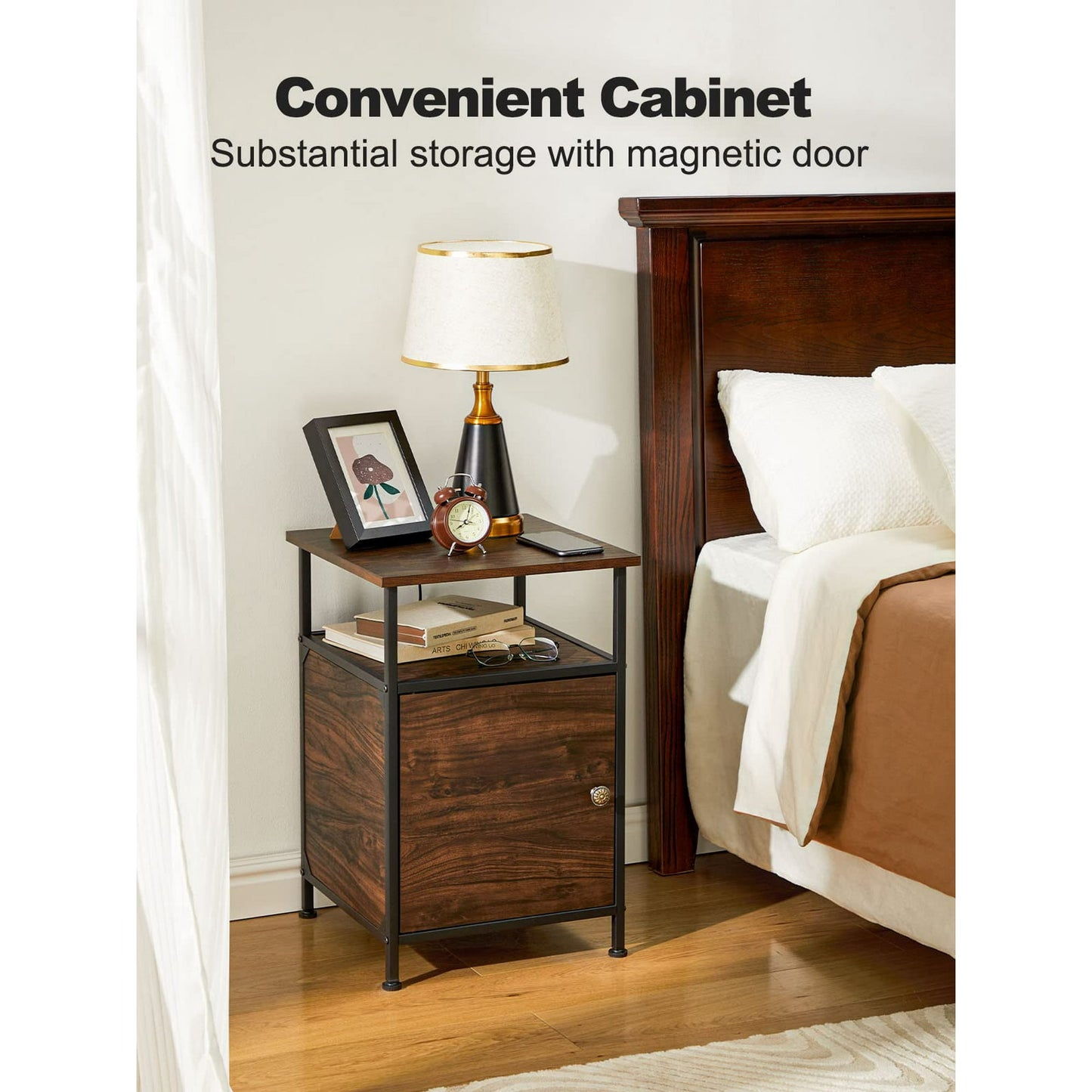 2-Tier Rustic Full Metal Frame Nightstand Table Bedside End Table with Drawer for Livingroom Bedroom