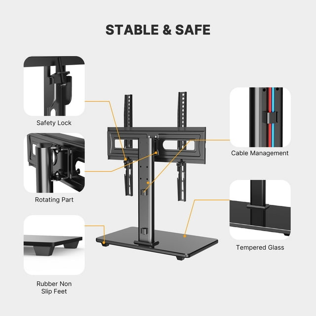 MountFTV Modern Black Universal Table Top Swivel TV Stand TV Mount Glass Base for 32-65 inch LCD LED TVs, up to 35° Swivel, Alloy Steel