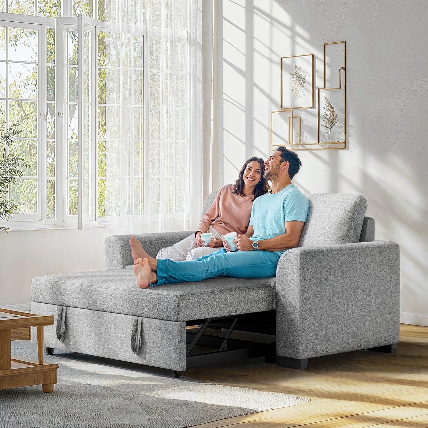 CHITOOMA 60'' Pull Out Sofa Bed Convertible Sleeper Couch with Charging Port, Upholstered Sectional Sofa with 2 Pillows, Reclining Sofas for Living Room, Light Gray