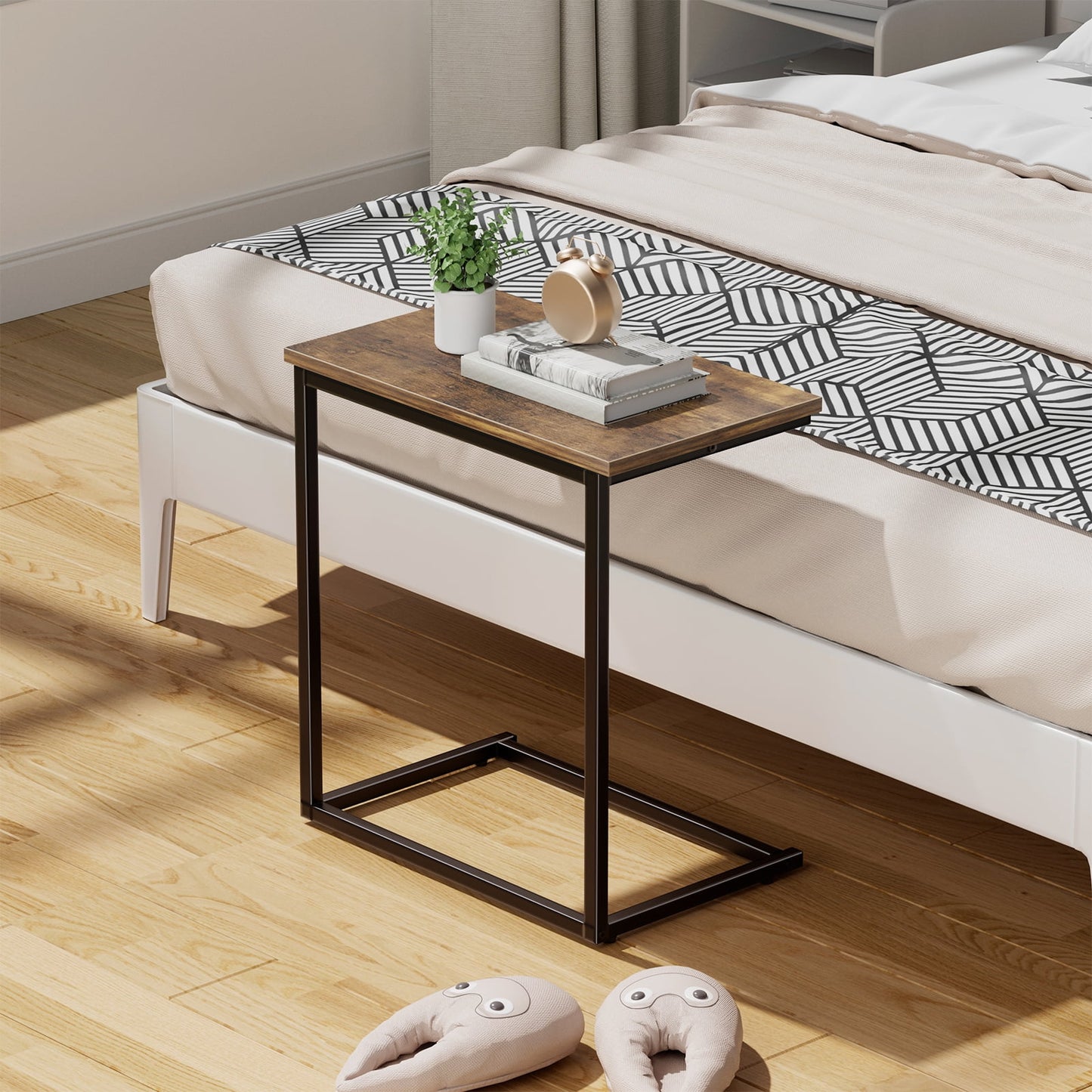 CHITOOMA C Shaped End Table, Metal Frame TV Tray, Side Couch Table for Living Room Bedroom, Rustic Brown