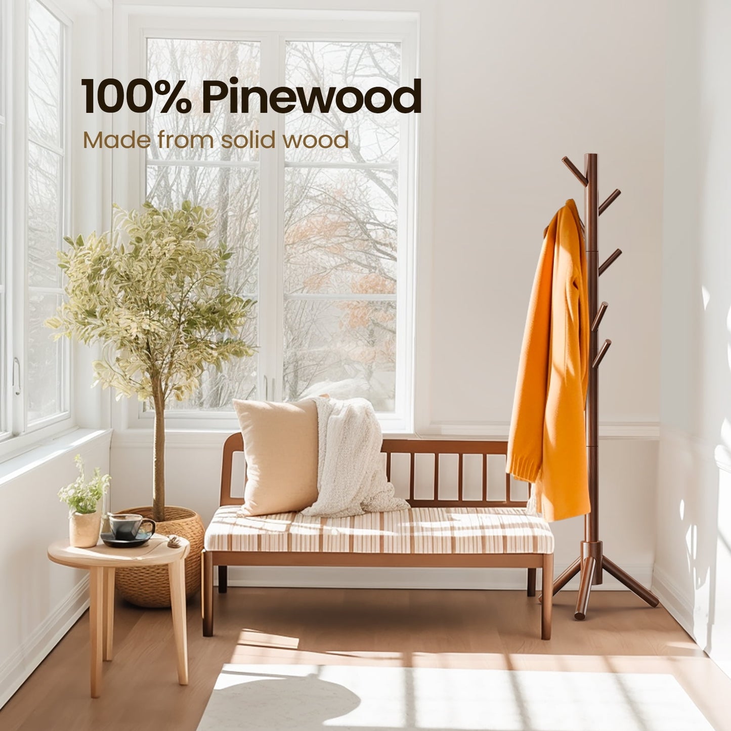 Coat Rack Stand with 3 Height Options and 8 Hooks Wooden Tall Freestanding Coat Rack for Home, Office, Entryway, Hallway