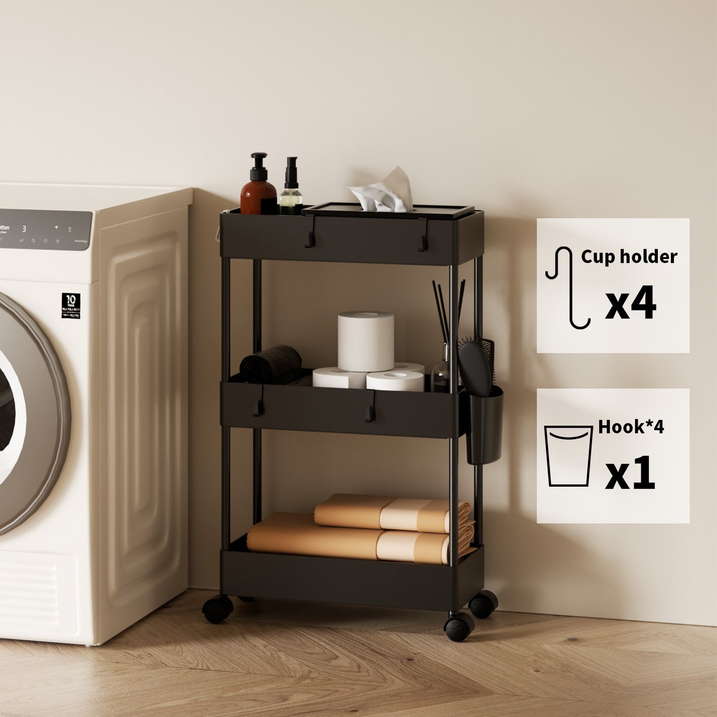 3 Tier Removable Slim Storage Cart with Wheels, Bathroom Cart Organizer Small, Rolling Cart for Bathroom, Kitchen, Narrow Space, Black