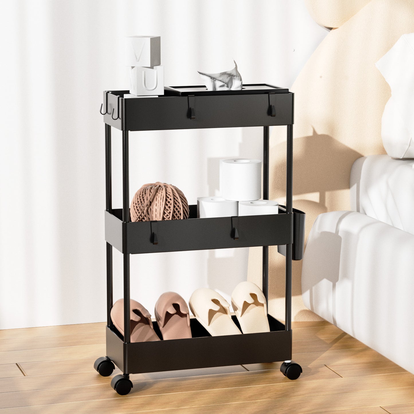 3 Tier Removable Slim Storage Cart with Wheels, Bathroom Cart Organizer Small, Rolling Cart for Bathroom, Kitchen, Narrow Space, Black