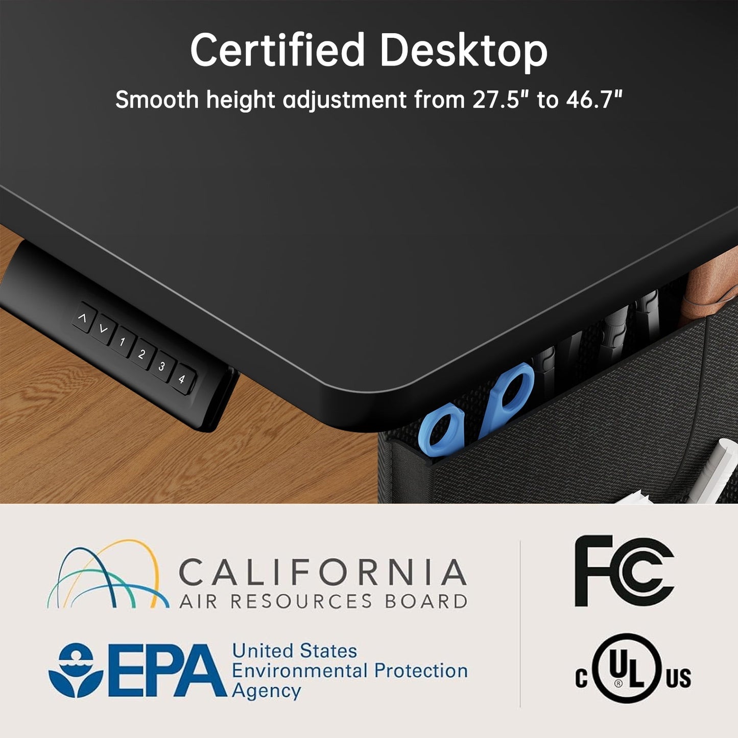 CHITOOMA Electric Standing Desk with Storage Bag, 48" x 24" Adjustable Height Sit to Stand Desk with 4 Memory Pre-Set, Headphone Hook for Home Office, Black