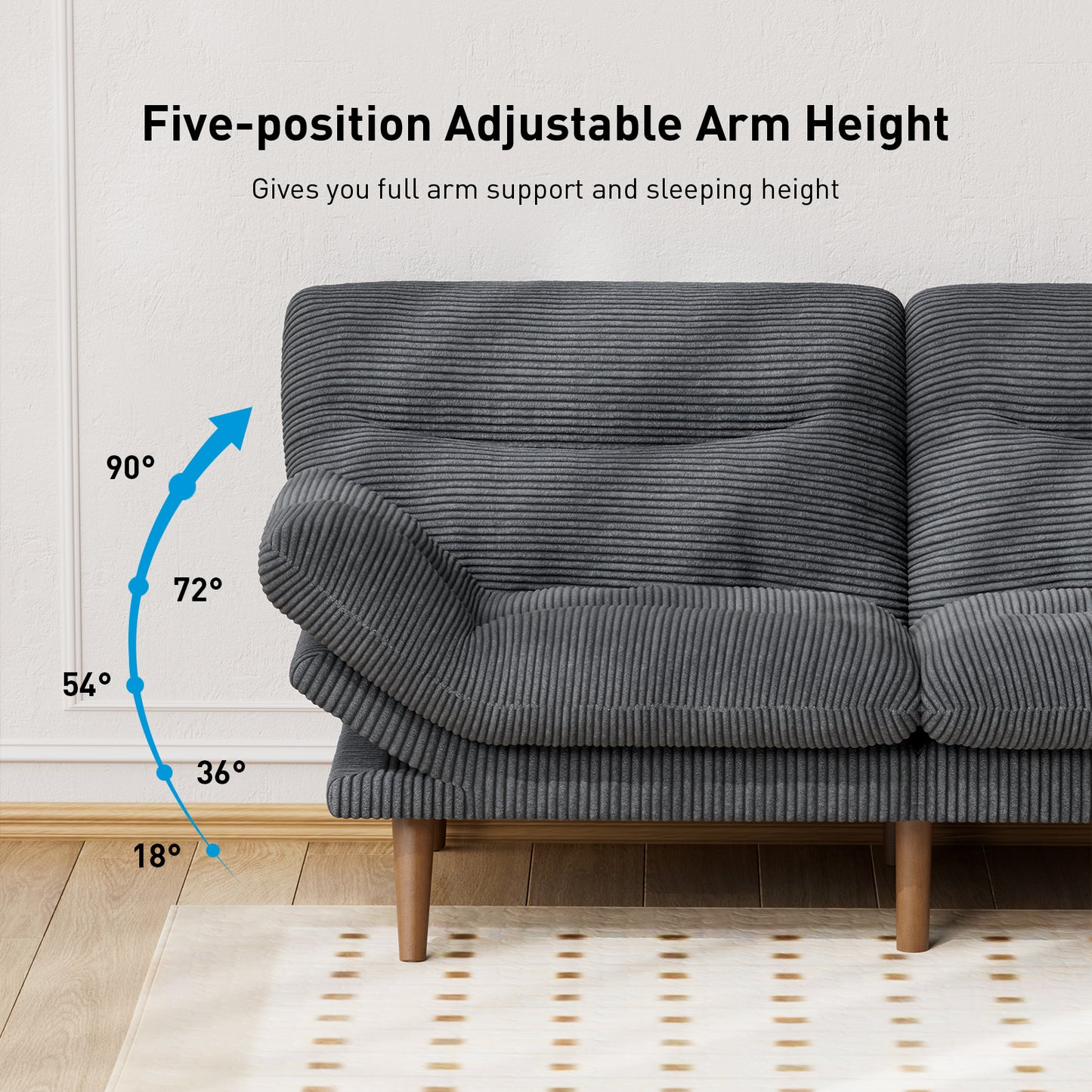 CHITOOMA 66'' Futon Sofa Bed, Grey Corduroy Memory Foam Futon Sleeper Sofa Loveseat Convertible Couch Bed for Small Compact Living Spaces,Apartment