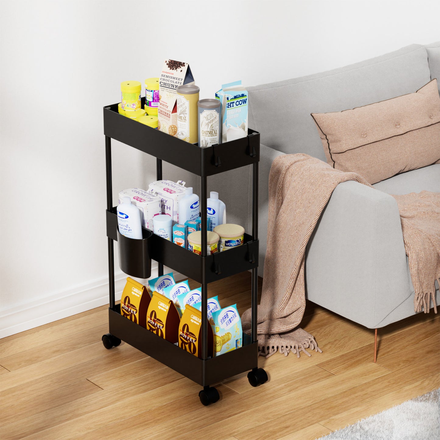 3 Tier Removable Slim Storage Cart with Wheels, Bathroom Cart Organizer Small, Rolling Cart for Bathroom, Kitchen, Narrow Space, Black