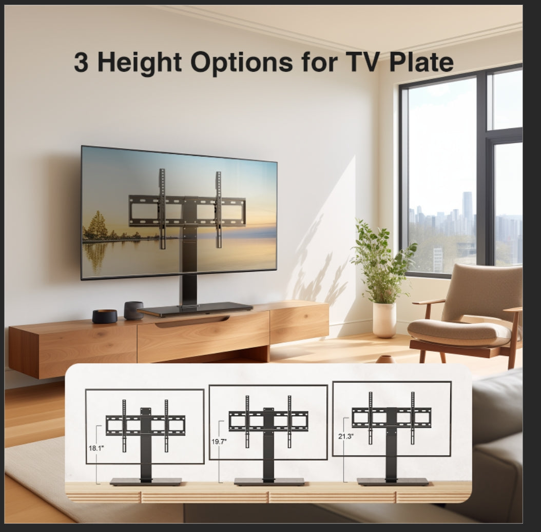 Universal Swivel TV Mount Stand Base for 37 to 70 inch LCD LED TVs, Height Adjustable Table Top TV Stand with Tempered Glass Base, Max 600x400mm, Holds up to 88lbs