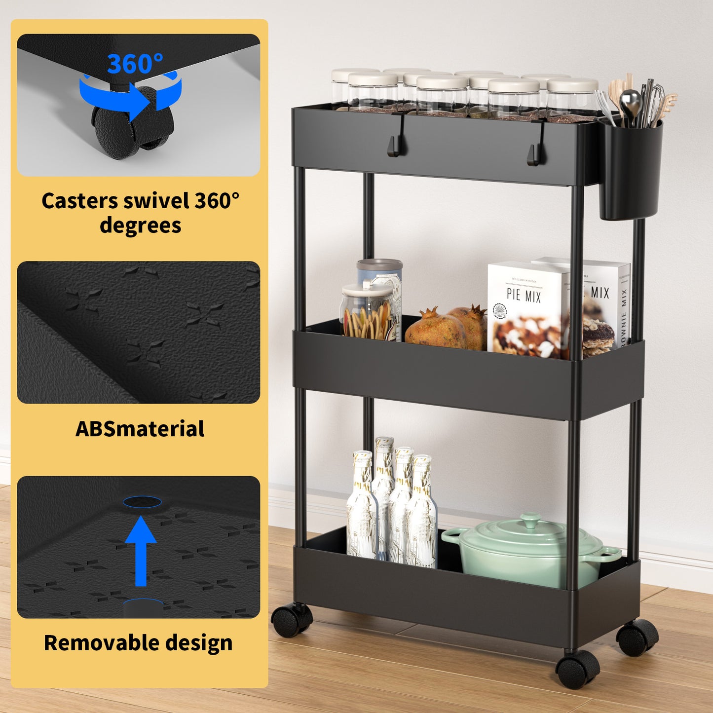 3 Tier Removable Slim Storage Cart with Wheels, Bathroom Cart Organizer Small, Rolling Cart for Bathroom, Kitchen, Narrow Space, Black