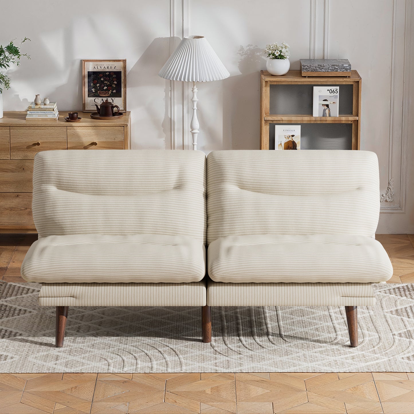 CHITOOMA 66'' Futon Sofa Bed, White Corduroy Memory Foam Futon Sleeper Sofa Loveseat Convertible Couch Bed for Small Compact Living Spaces,Apartment