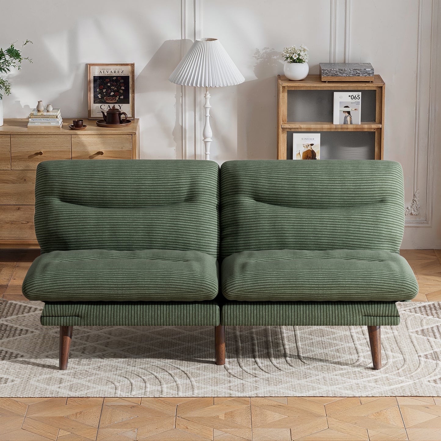 CHITOOMA 66'' Futon Sofa Bed, Green Corduroy Memory Foam Futon Sleeper Sofa Loveseat Convertible Couch Bed for Small Compact Living Spaces,Apartment