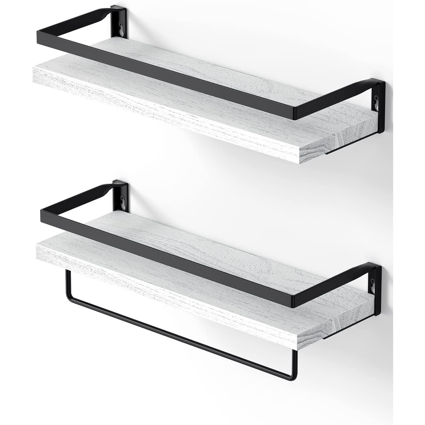 2 Pack Wall Decor Wood Rustic Floating Shelves, Storage Shelves with Towel Bar for Bathroom, Kitchen, Bedroom, Living Room