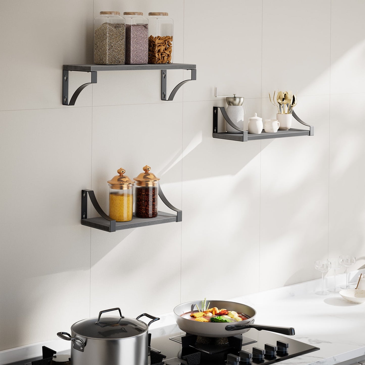 Set of 3 Wall Mounted Floating Shelves Wood Rustic Storage Shelves for Bedroom, Bathroom, Living Room(Gray)