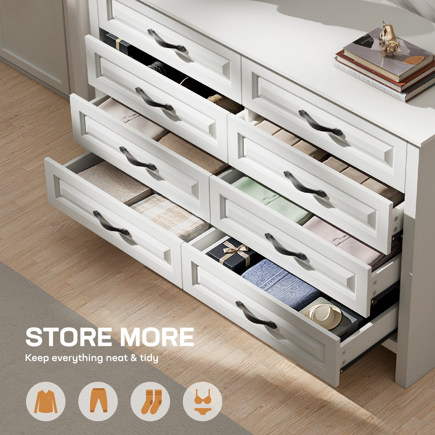 Farmhouse 8 Drawer Horizontal Dresser for Bedroom, Modern White Chest of Drawers Wood Storage Cabinet for Living Room, Hallway, Entryway, Nursery Room