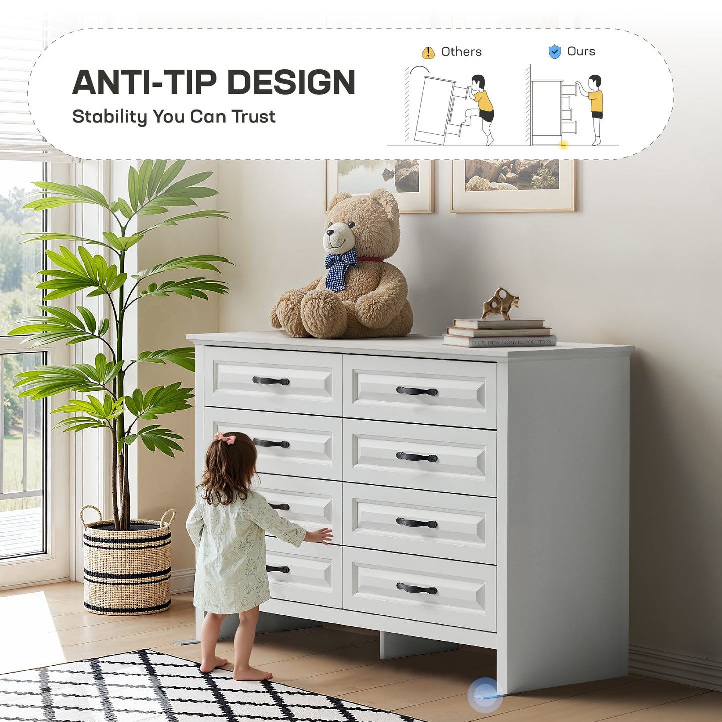 Farmhouse 8 Drawer Horizontal Dresser for Bedroom, Modern White Chest of Drawers Wood Storage Cabinet for Living Room, Hallway, Entryway, Nursery Room