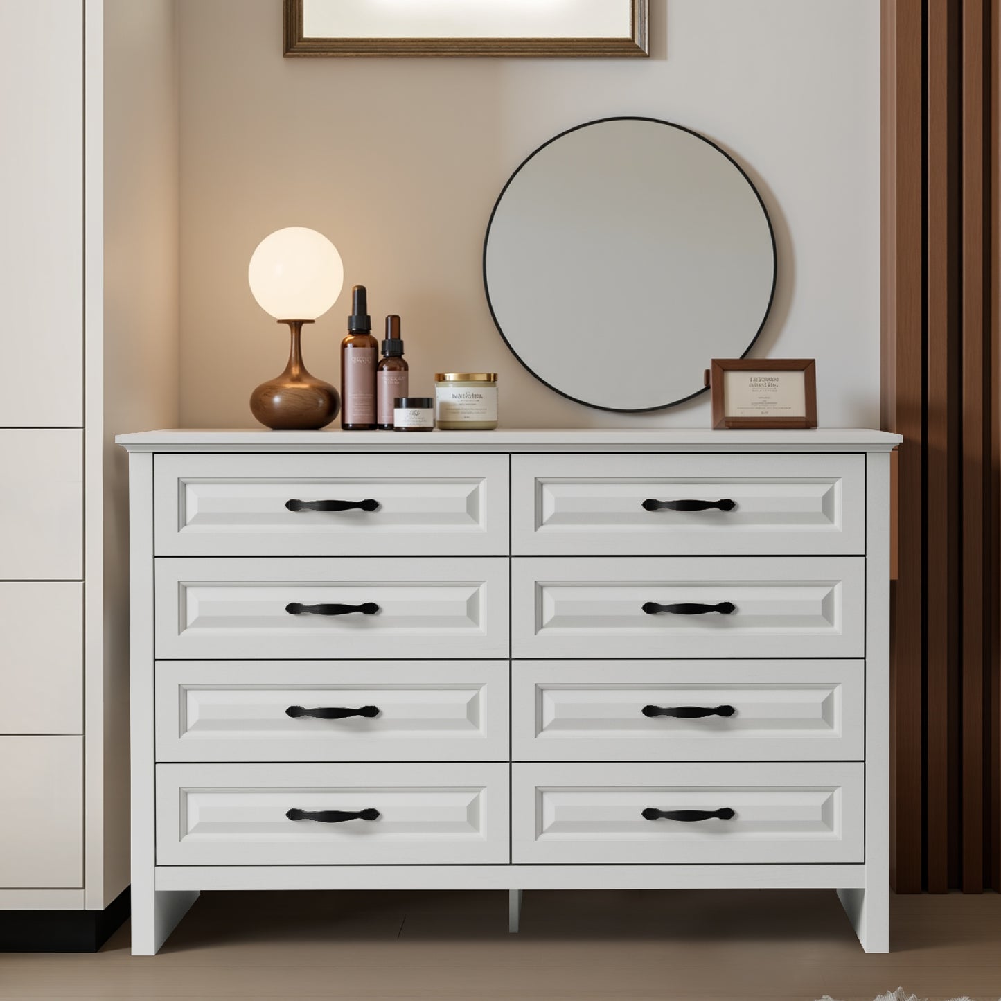 Farmhouse 8 Drawer Horizontal Dresser for Bedroom, Modern White Chest of Drawers Wood Storage Cabinet for Living Room, Hallway, Entryway, Nursery Room