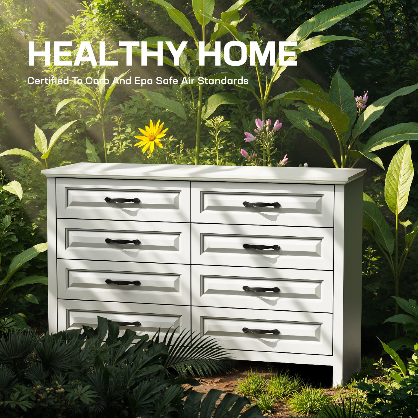 Farmhouse 8 Drawer Horizontal Dresser for Bedroom, Modern White Chest of Drawers Wood Storage Cabinet for Living Room, Hallway, Entryway, Nursery Room