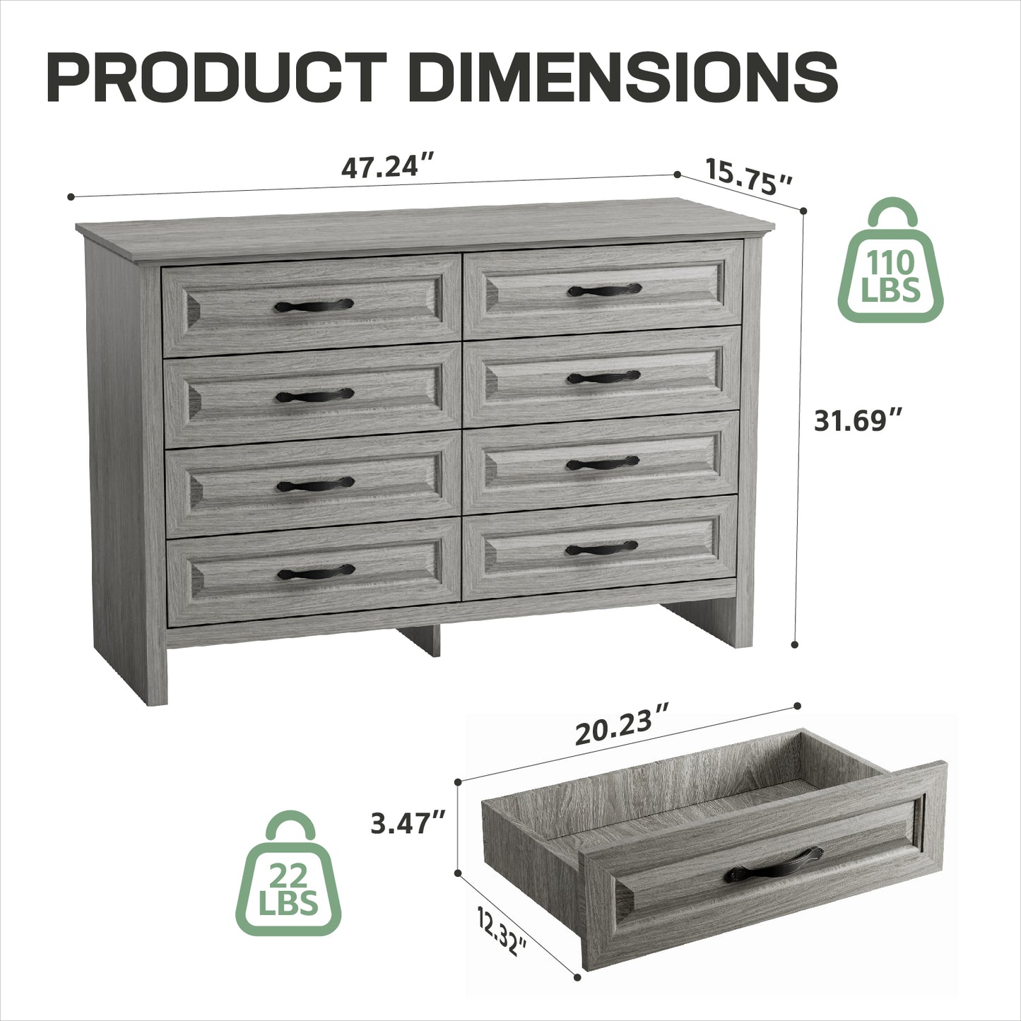 Farmhouse 8 Drawer Horizontal Dresser for Bedroom, Modern Gray Chest of Drawers Wood Storage Cabinet for Living Room, Hallway, Entryway, Nursery Room