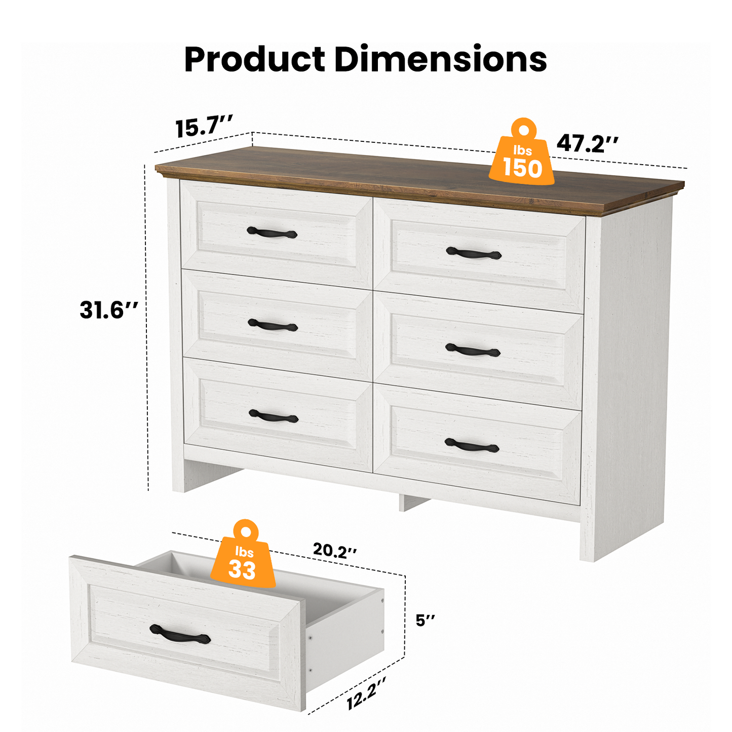 Farmhouse 6 Drawer Dresser for Bedroom, 47.2" Wide Double Dresser with Large Drawers, Wooden Chest of Drawers for Living Room, Hallway, Entryway, Nursery Room, White & Brown