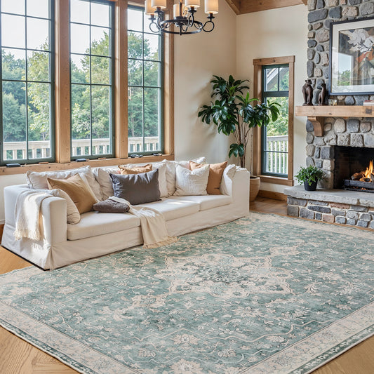 8'x10' Boho Area Rugs for Living Room, Machine Washable Area Rug with Non-Slip Backing, Stain Resistant Non-Shed Carpet for Bedroom, Dining Room, Dorm, Office