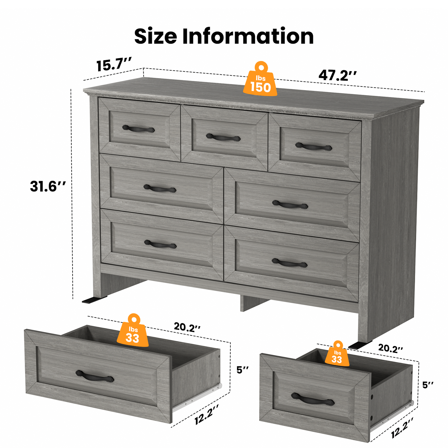 Farmhouse 7 Drawer Double Dresser for Bedroom, 47.2"W Contemporary Wood Chest of Drawer Storage Cabinet for Living Room, Hallway, Entryway, Nursery Room, Gray