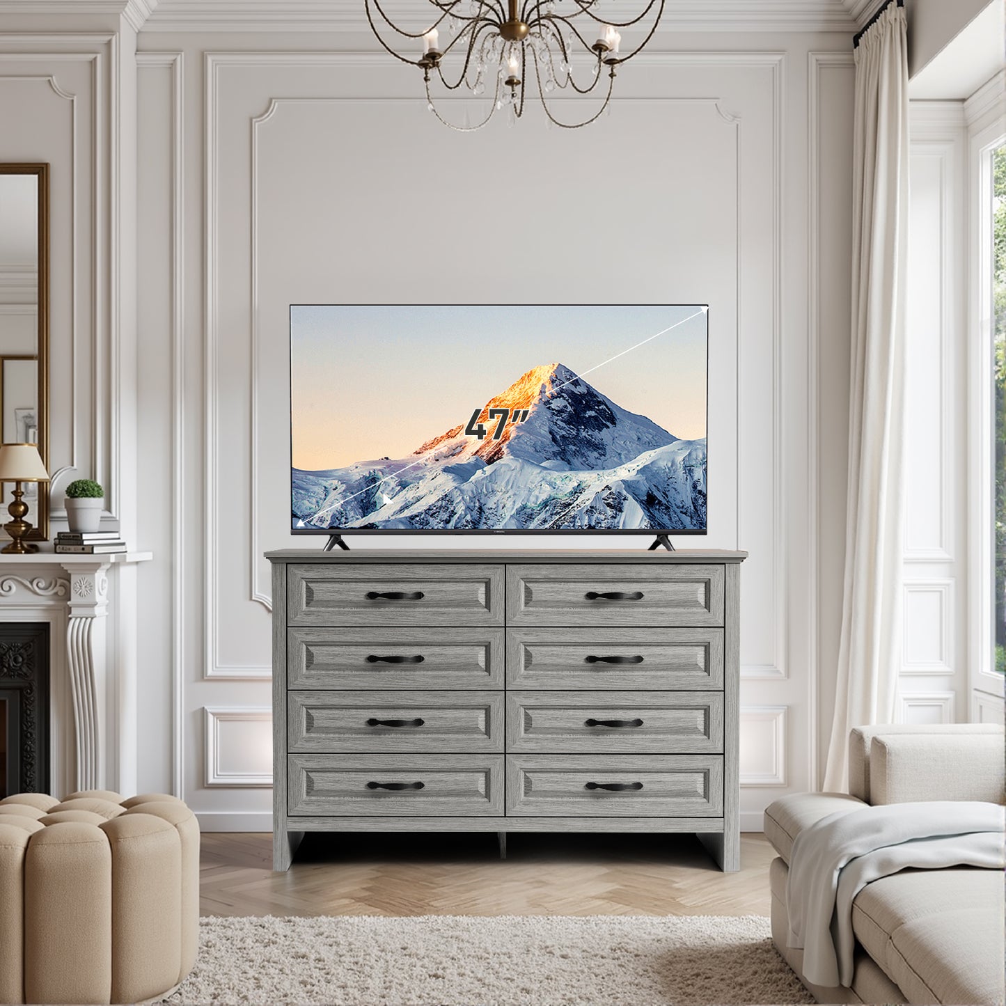 Farmhouse 8 Drawer Horizontal Dresser for Bedroom, Modern Gray Chest of Drawers Wood Storage Cabinet for Living Room, Hallway, Entryway, Nursery Room