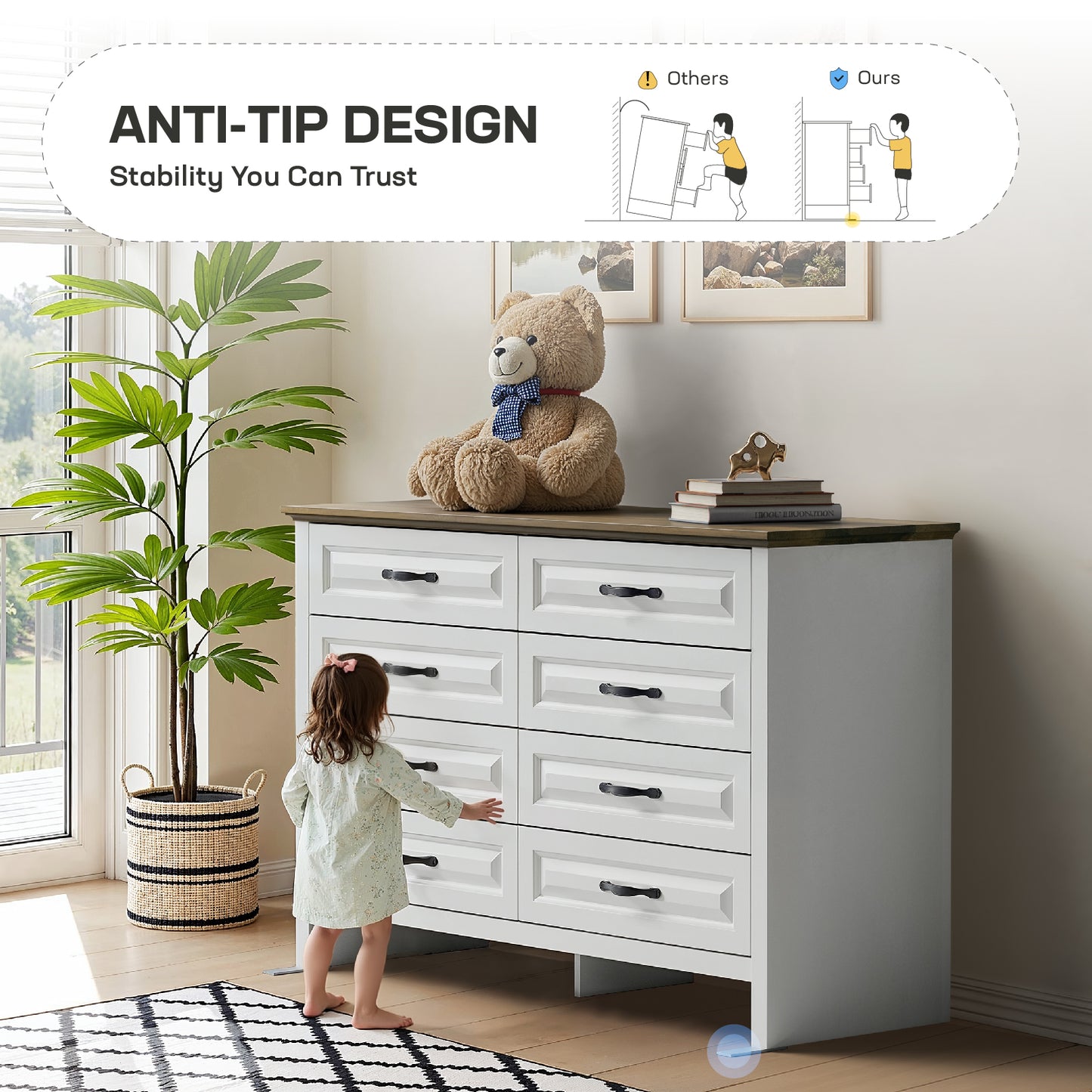 Farmhouse 8 Drawer Horizontal Dresser for Bedroom, Modern Chest of Drawers Wood Storage Cabinet for Living Room, Hallway, Entryway, Nursery Room, White & Brown