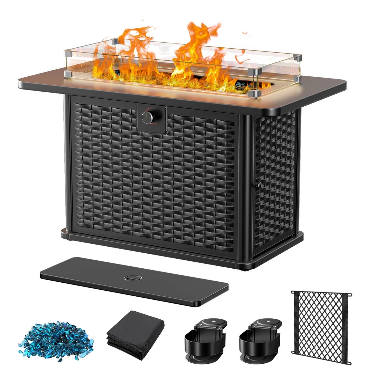 43" Propane Fire Pit Table with Wind Guard - 60,000 BTU Gas Fire Pit with Blue Glass Rocks, Waterproof Cover & 2 Cup Holders for Deck, Backyard, Garden