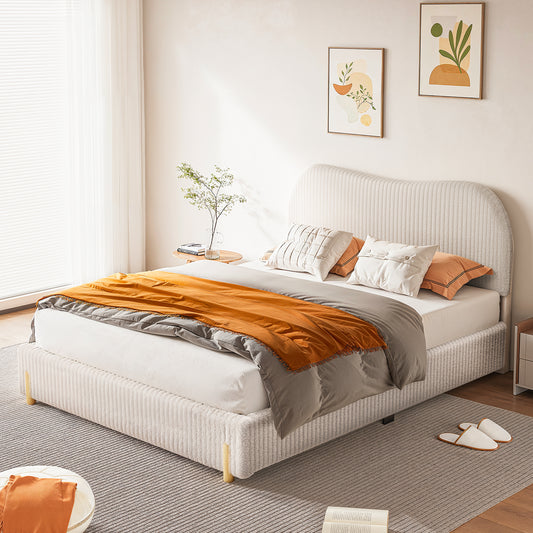 CHITOOMA Queen Bed Frame with Headboard, White Velvet Upholstered Platform Bed Frame Queen Size No Box Spring Needed, Noise-Free, Heavy Duty