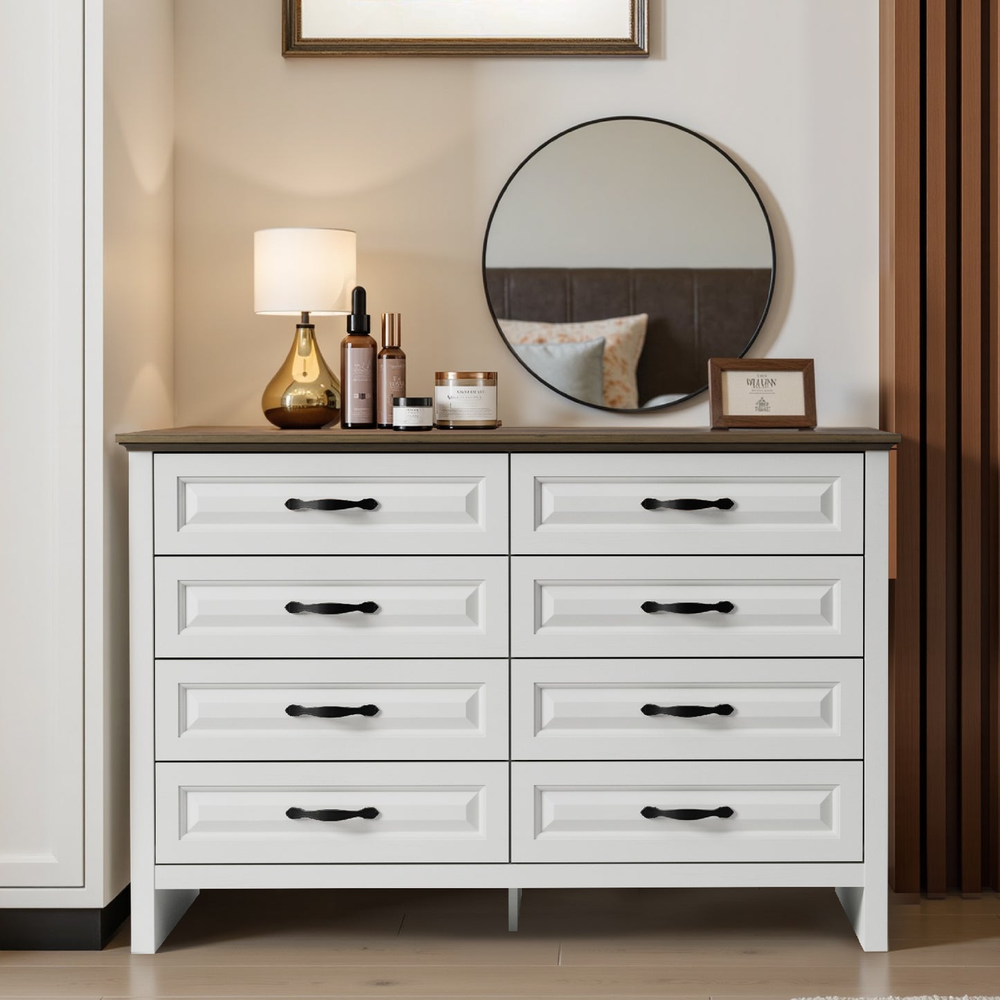 Farmhouse 8 Drawer Horizontal Dresser for Bedroom, Modern Chest of Drawers Wood Storage Cabinet for Living Room, Hallway, Entryway, Nursery Room, White & Brown