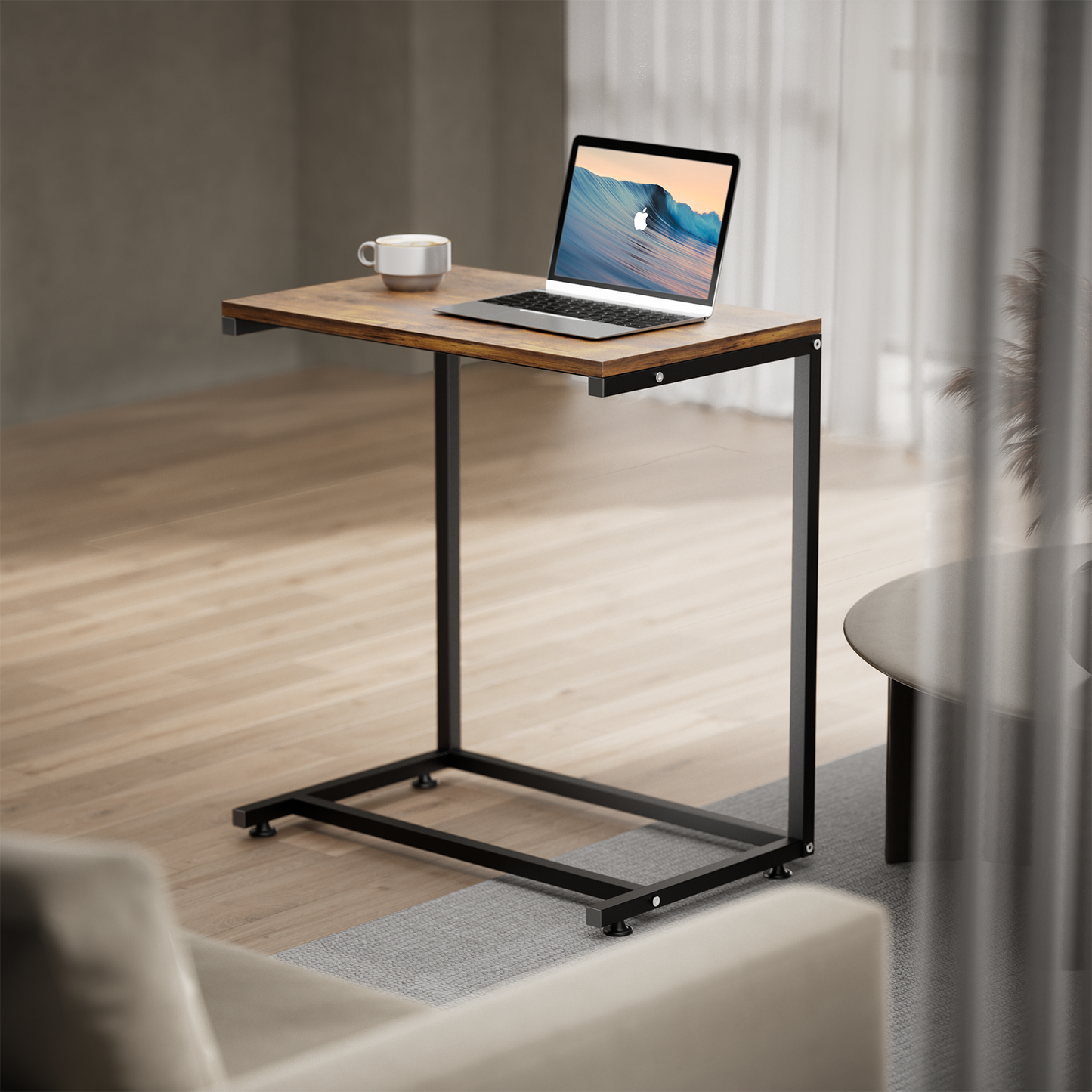 C Shaped Metal Sofa Side End Table Side Table TV Tray Table for Sofa,Couch Table,Bedroom(Rustic Brown)