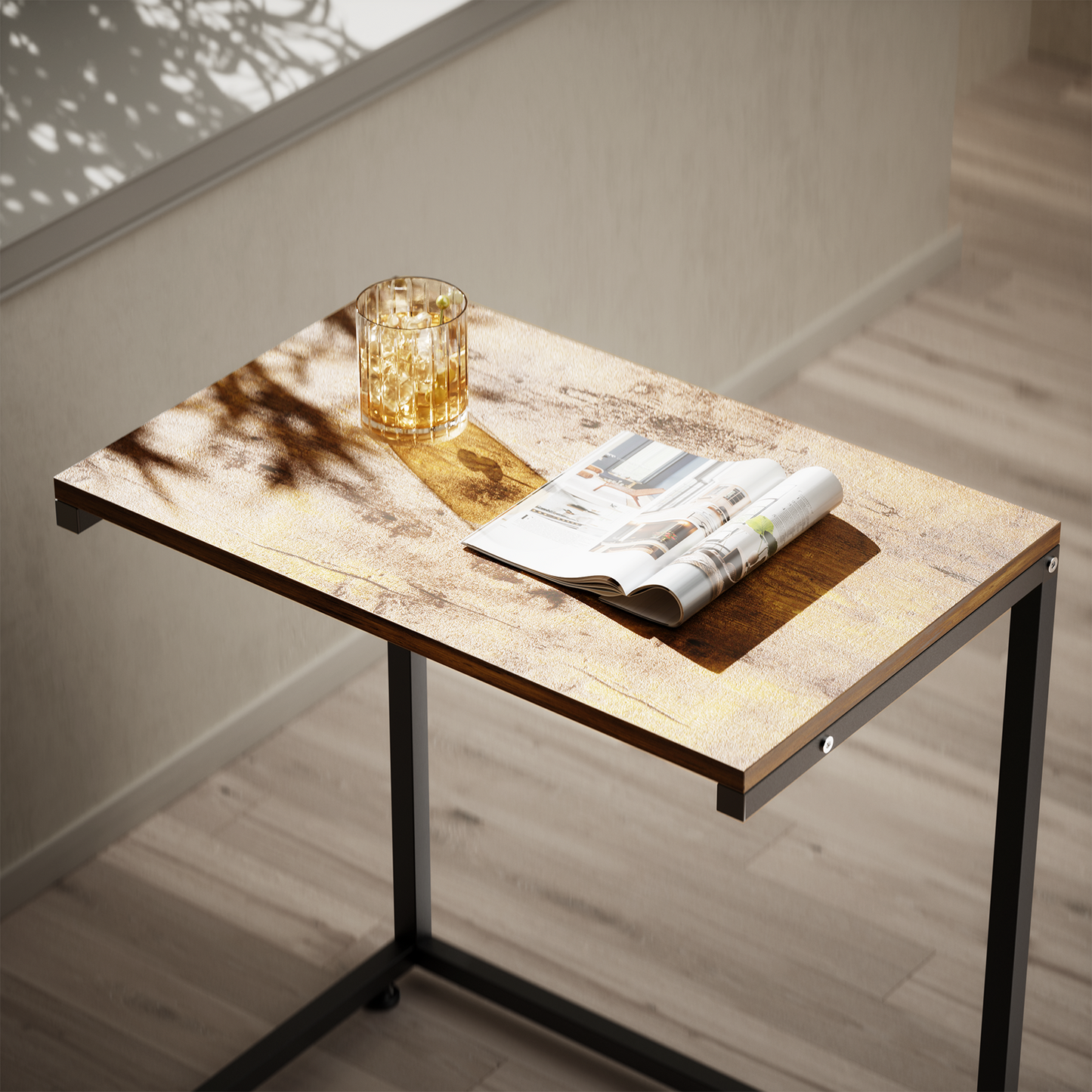 C Shaped Metal Sofa Side End Table Side Table TV Tray Table for Sofa,Couch Table,Bedroom(Rustic Brown)