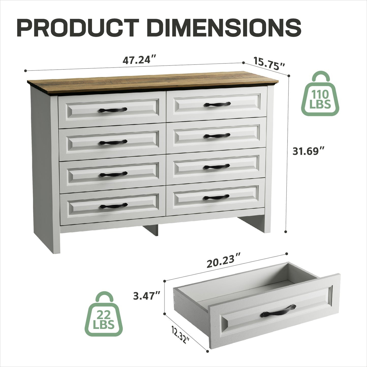 Farmhouse 8 Drawer Horizontal Dresser for Bedroom, Modern Chest of Drawers Wood Storage Cabinet for Living Room, Hallway, Entryway, Nursery Room, White & Brown