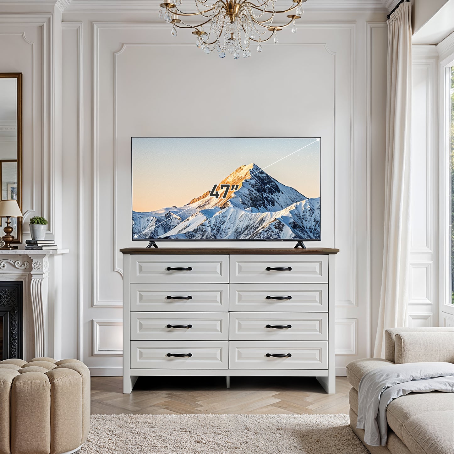 Farmhouse 8 Drawer Horizontal Dresser for Bedroom, Modern Chest of Drawers Wood Storage Cabinet for Living Room, Hallway, Entryway, Nursery Room, White & Brown