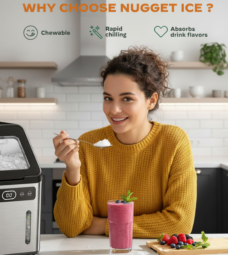 Philergo Nugget Ice Makers Countertop, 44lbs/24H with Self-Cleaning Function and Timer, Ice Maker Machine with Basket/Scoop for Home/Kitchen/Office, Stainless Steel