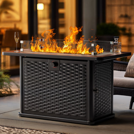 43" Rectangular Propane Gas Fire Pit Table with Wind Guard & Glass Rocks for Patio & Garden, Black Outdoor Fireplace with Lid & Lava Rocks
