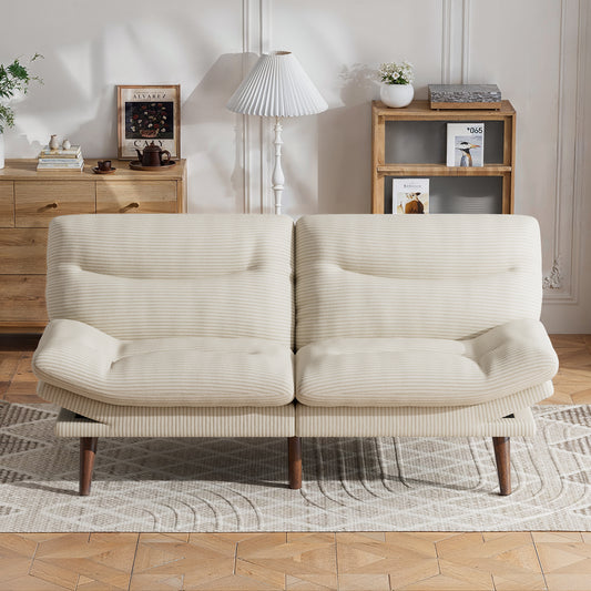 CHITOOMA 66'' Futon Sofa Bed, White Corduroy Memory Foam Futon Sleeper Sofa Loveseat Convertible Couch Bed for Small Compact Living Spaces,Apartment