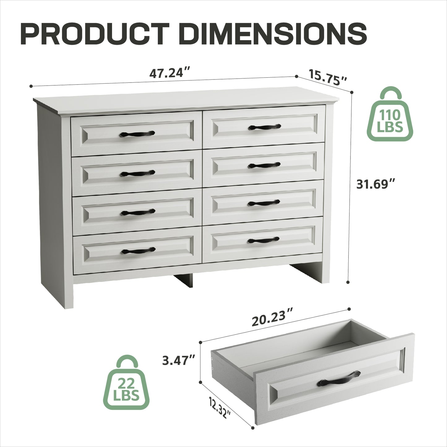 Farmhouse 8 Drawer Horizontal Dresser for Bedroom, Modern White Chest of Drawers Wood Storage Cabinet for Living Room, Hallway, Entryway, Nursery Room