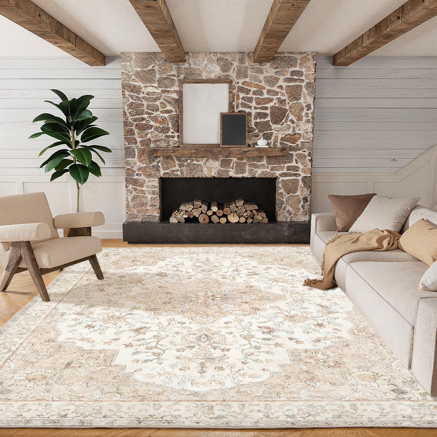 8'x10' Boho Area Rugs for Living Room, Machine Washable Area Rug with Non-Slip Backing, Stain Resistant Non-Shed Carpet for Bedroom, Dining Room, Dorm, Office